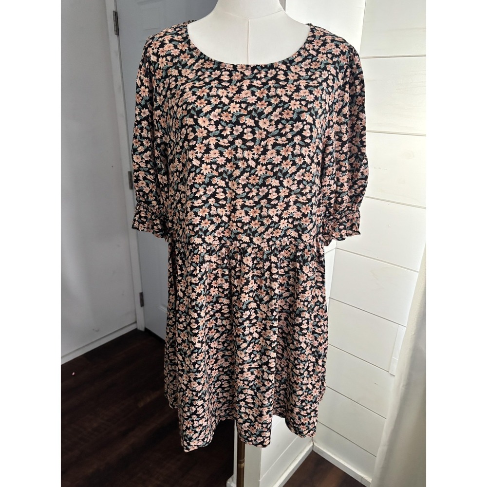 Natural Life Dress‎ Womens Small Black Floral Smocked Puff Sleeve Mini Boho